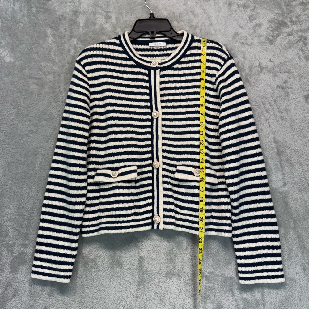 Sioni Navy and Cream Striped Knitted Nautical Casual Jacket Cardigan Size L - Picture 3 of 9